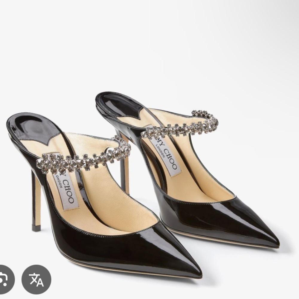 Jimmy Choo Black Patent Leather Pointed-Toe Slingback Heels with Crystal Strap